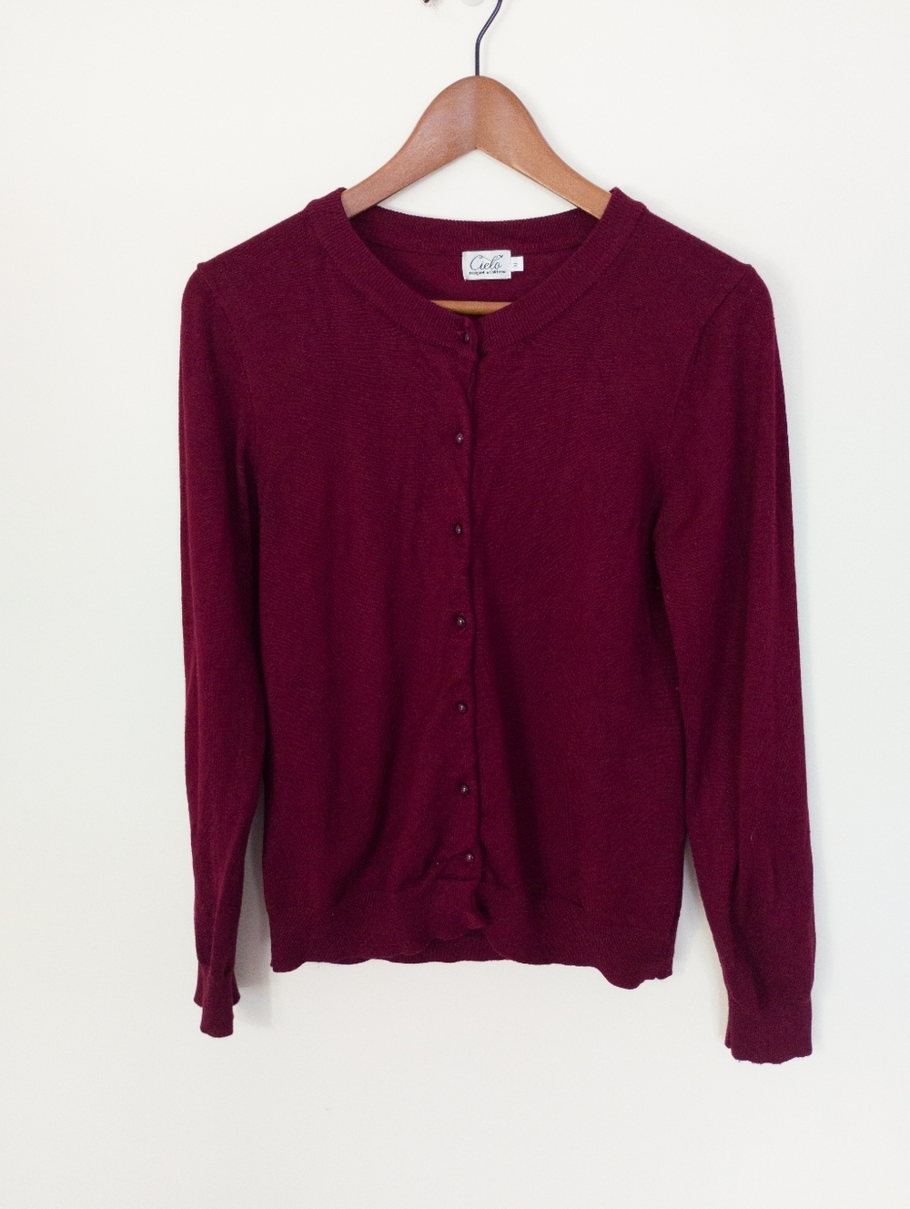 Cielo Burgundy Button-Front Crewneck Knit Cardigan Sweater XL